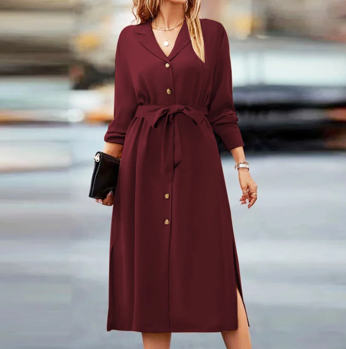 Women's Solid Color Lapel Tied Long Sleeve Dresses