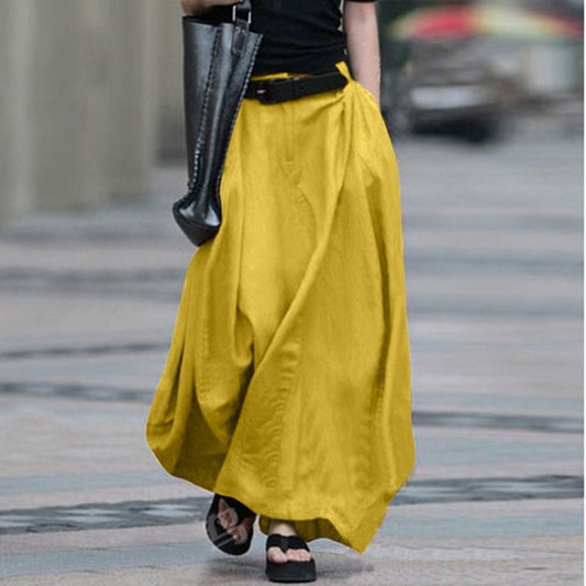 Cotton Linen Solid Color Long Loose Big Hem Pleated Skirts