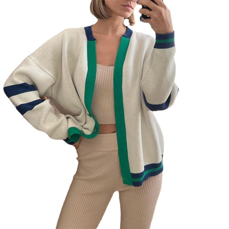 Women's Fashion Color Contrast Loose Casual Striped Sweaters