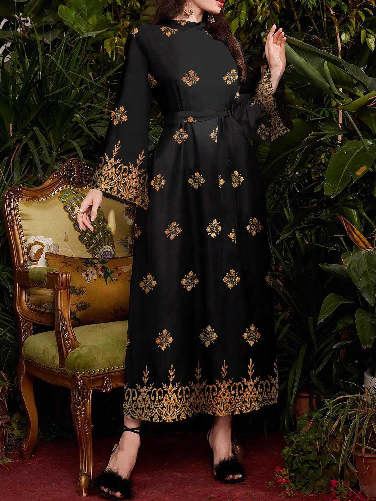 Women's Fashion Printed Black Long-sleeved Long Tight Waist Temperament Slimming Dress