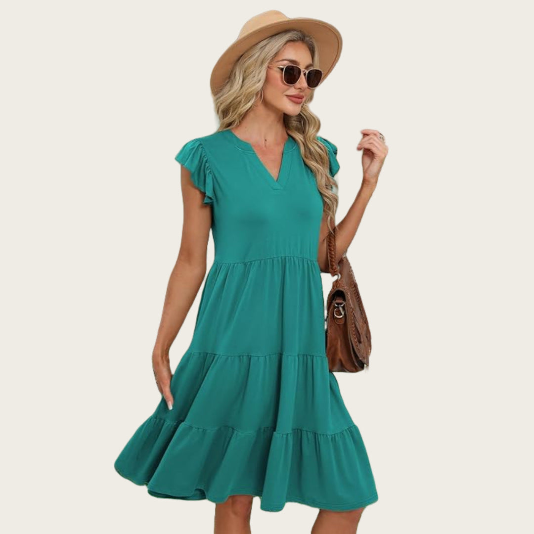 Women's Collar Ruffle Sleeve Mid-length Stitching Big Swing Dress