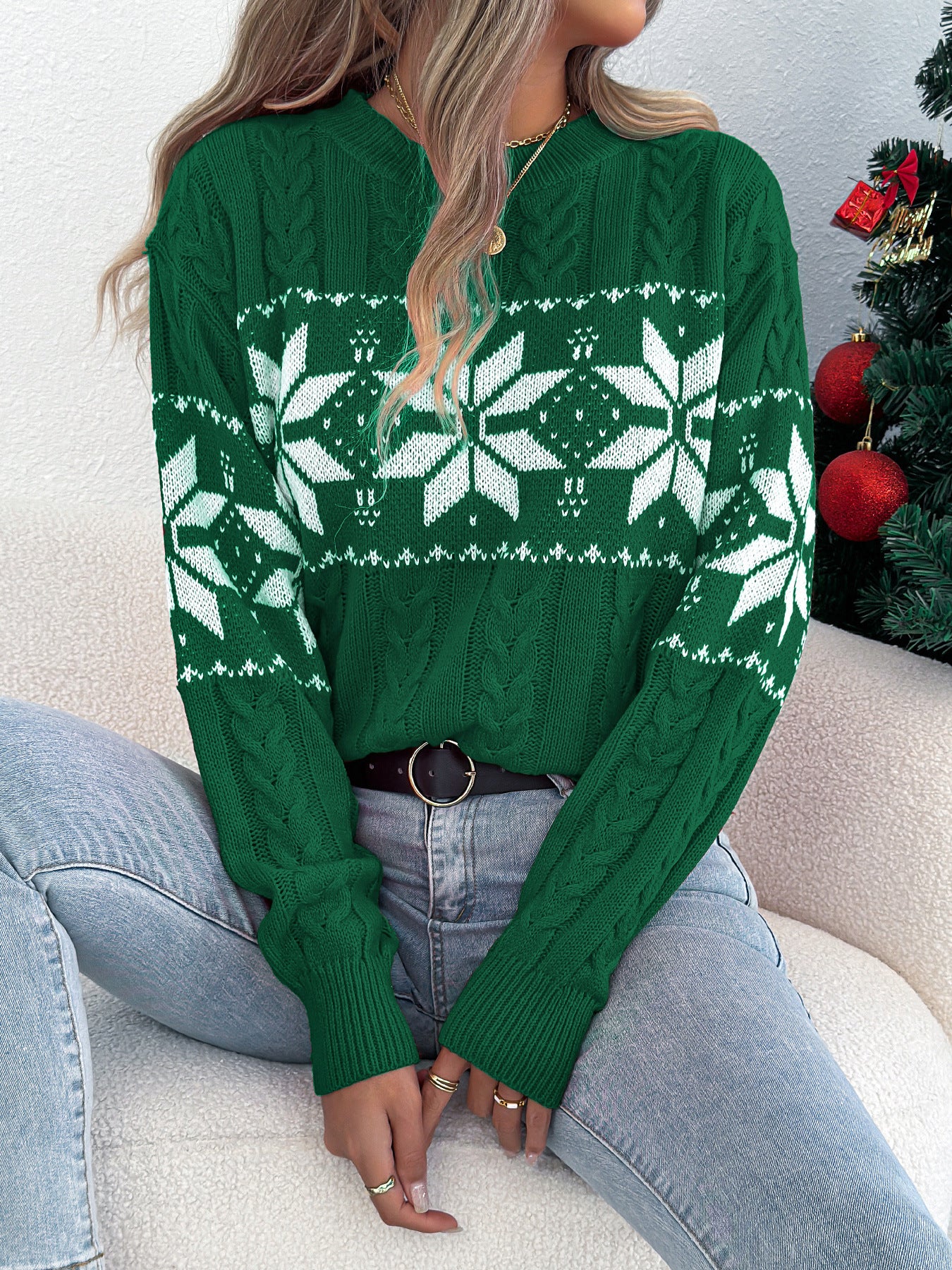 Women's Snowflake Pattern Lantern Long Sleeve Pullover Sweater