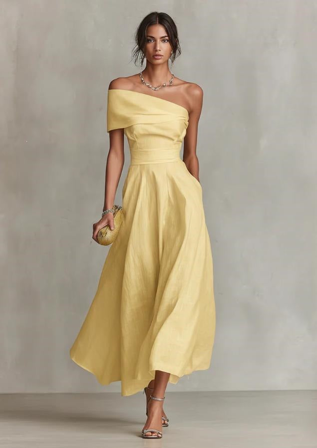 Women's Solid Color Waist Tight Slant Shoulder Collar Backless Dress