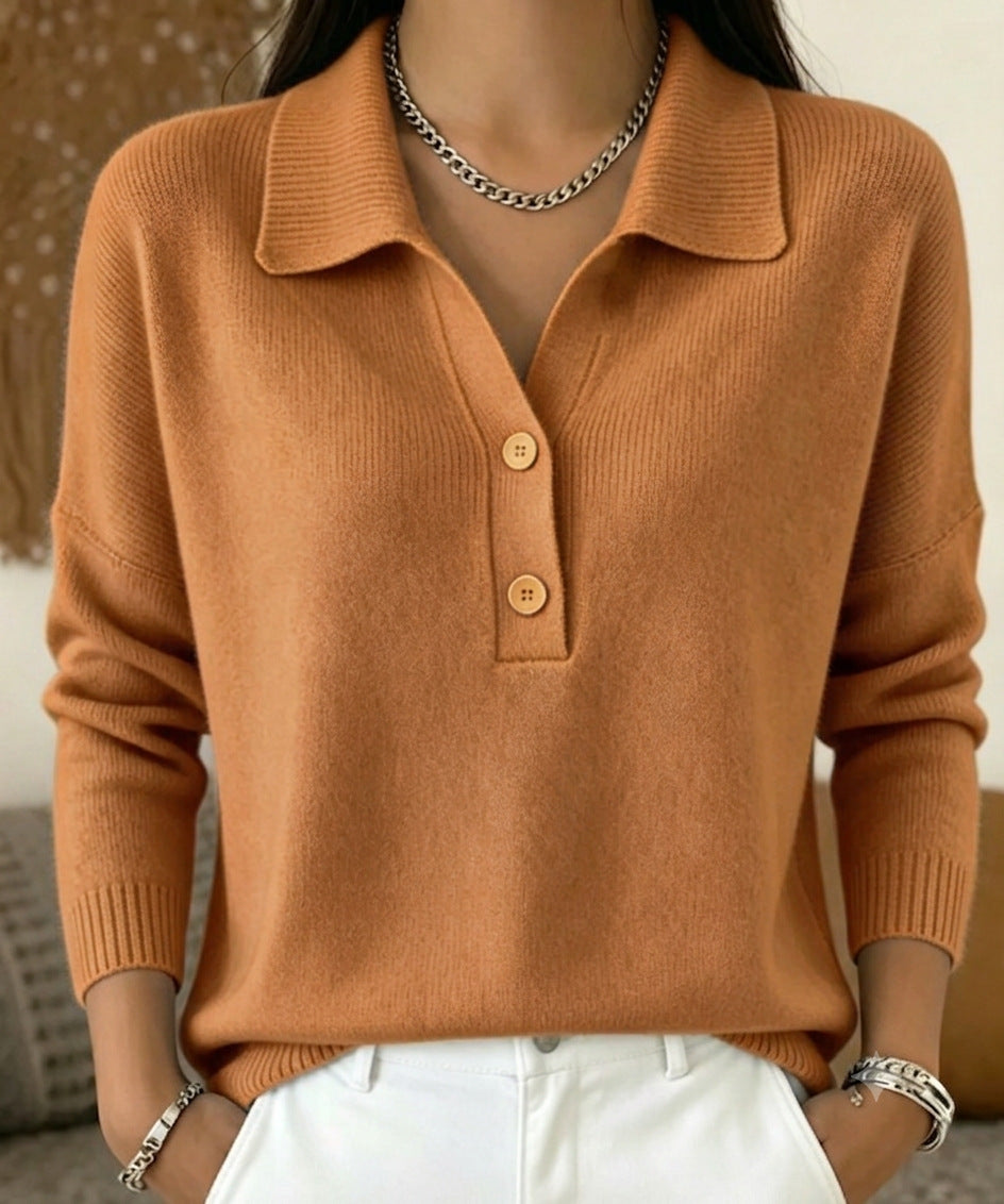 Women's Lapel Half Button Loose Casual Sweaters