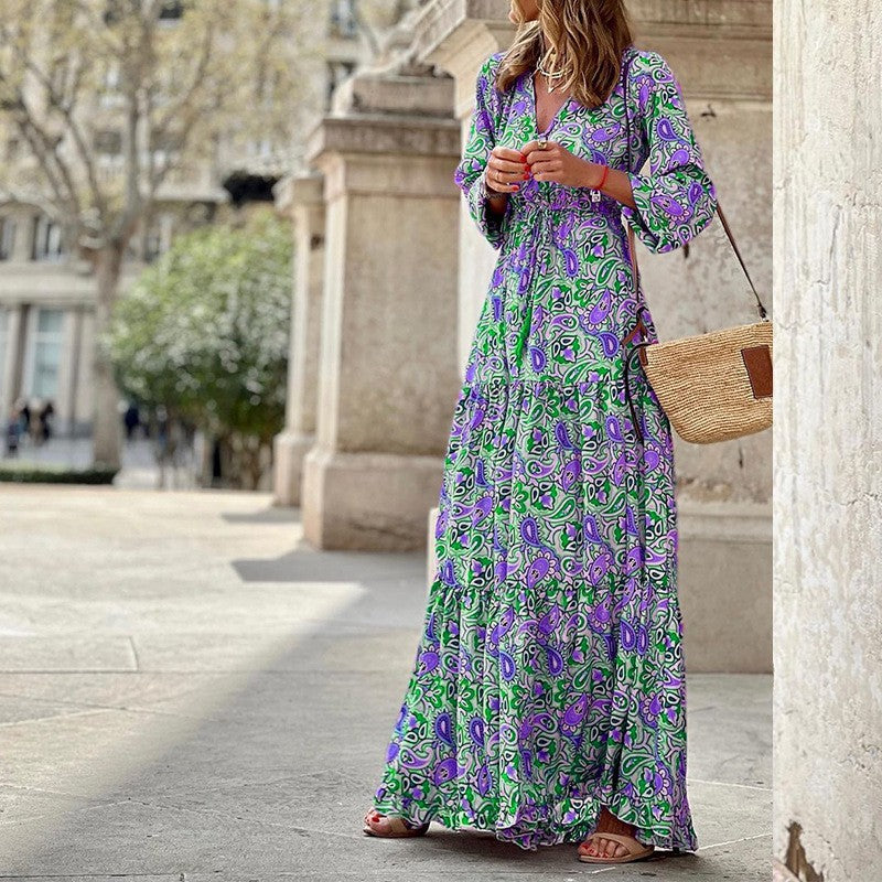 Women's Printed Short-sleeved Girdle Large Long Style Dress