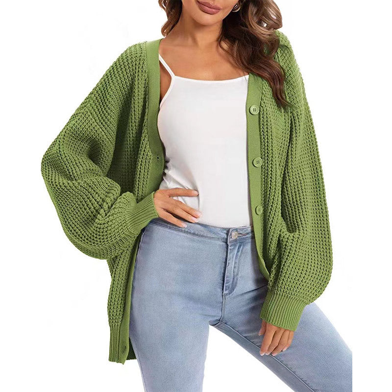 Lantern Sleeve Knitted Female Single Breasted Sweaters