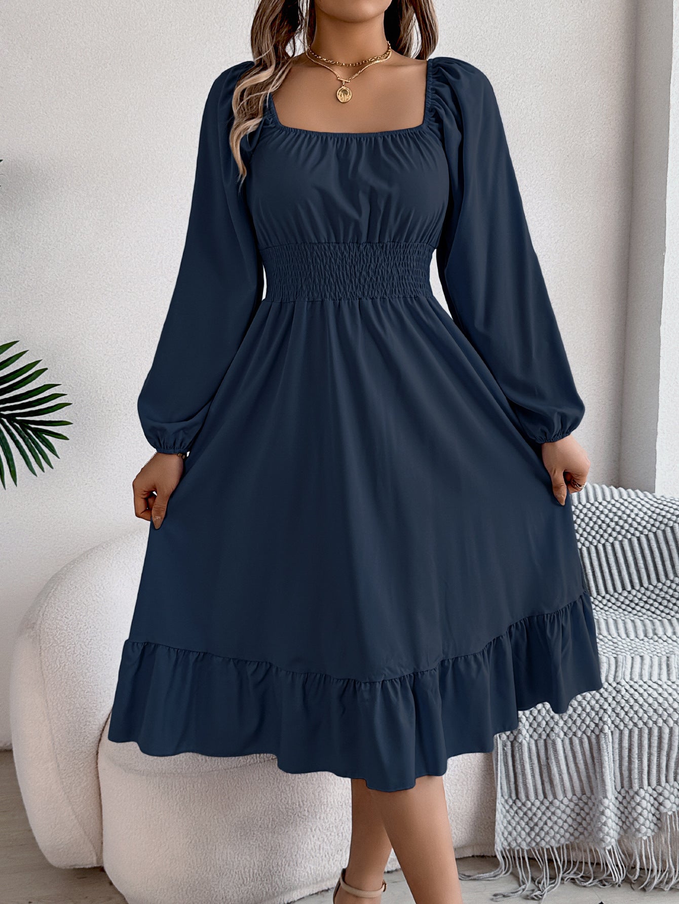 Women's Color Square Collar Long Sleeve Waist Trimming Clothing