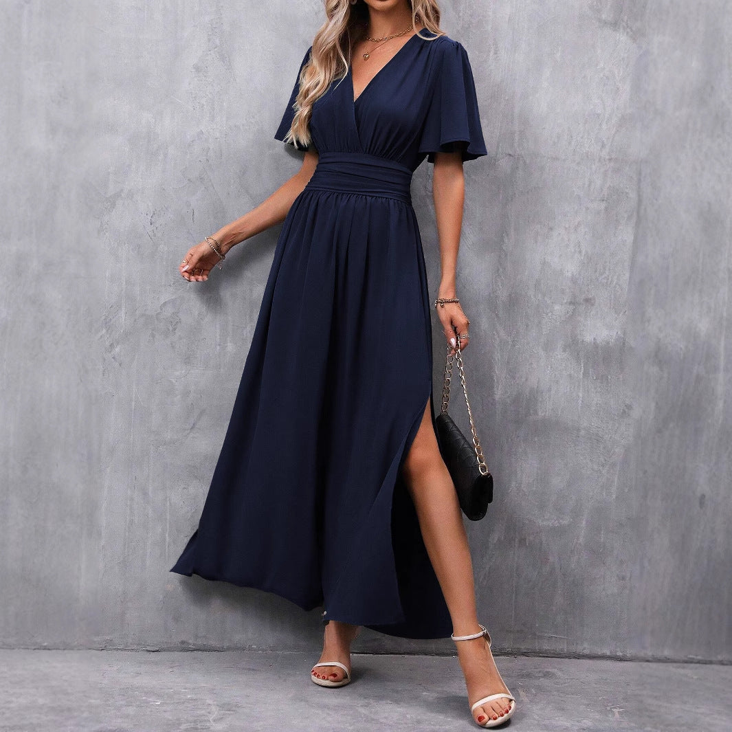 Women's Elegant Flying Sleeves Back Waist Smocking High Slit Clothing