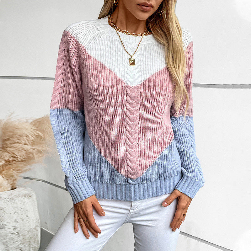 Women's Contrast Color Twisted Retro Loose Pullover Sweater