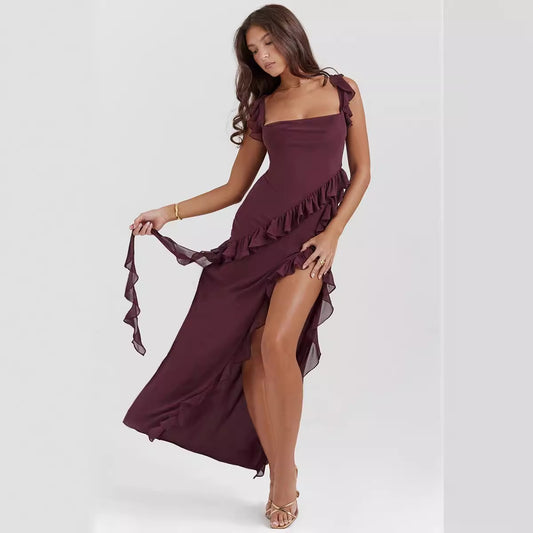 Women's Summer French Strap Wooden Ear Design Hot Split Dresses