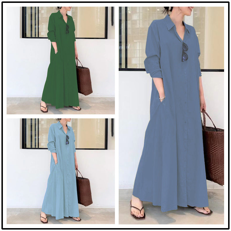 Solid Color Lapel Long Sleeve Pocket Simple Loose Dress