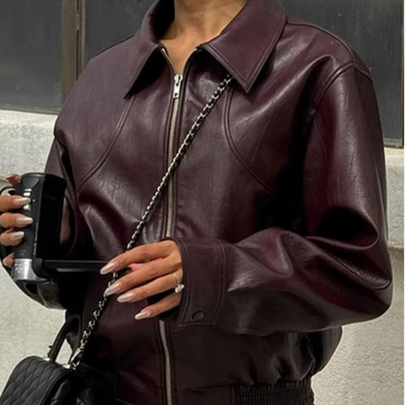 Women's American Retro Simple Lapel Zipper Leather Jackets