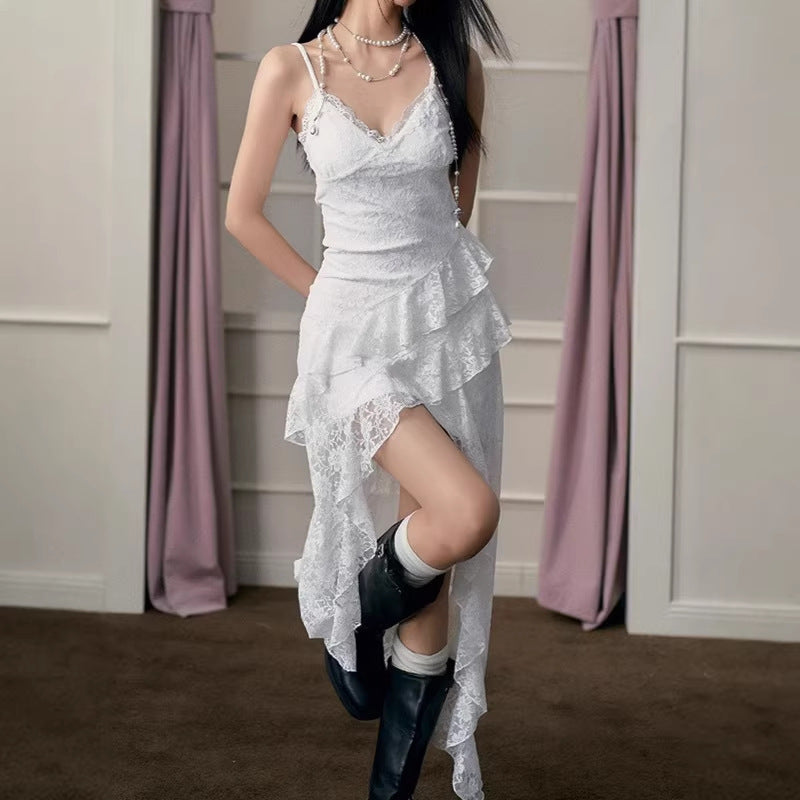 Women's Style Irregular Slit Hemline At Hem Romantic Atmosphere Lace Suspender Dress