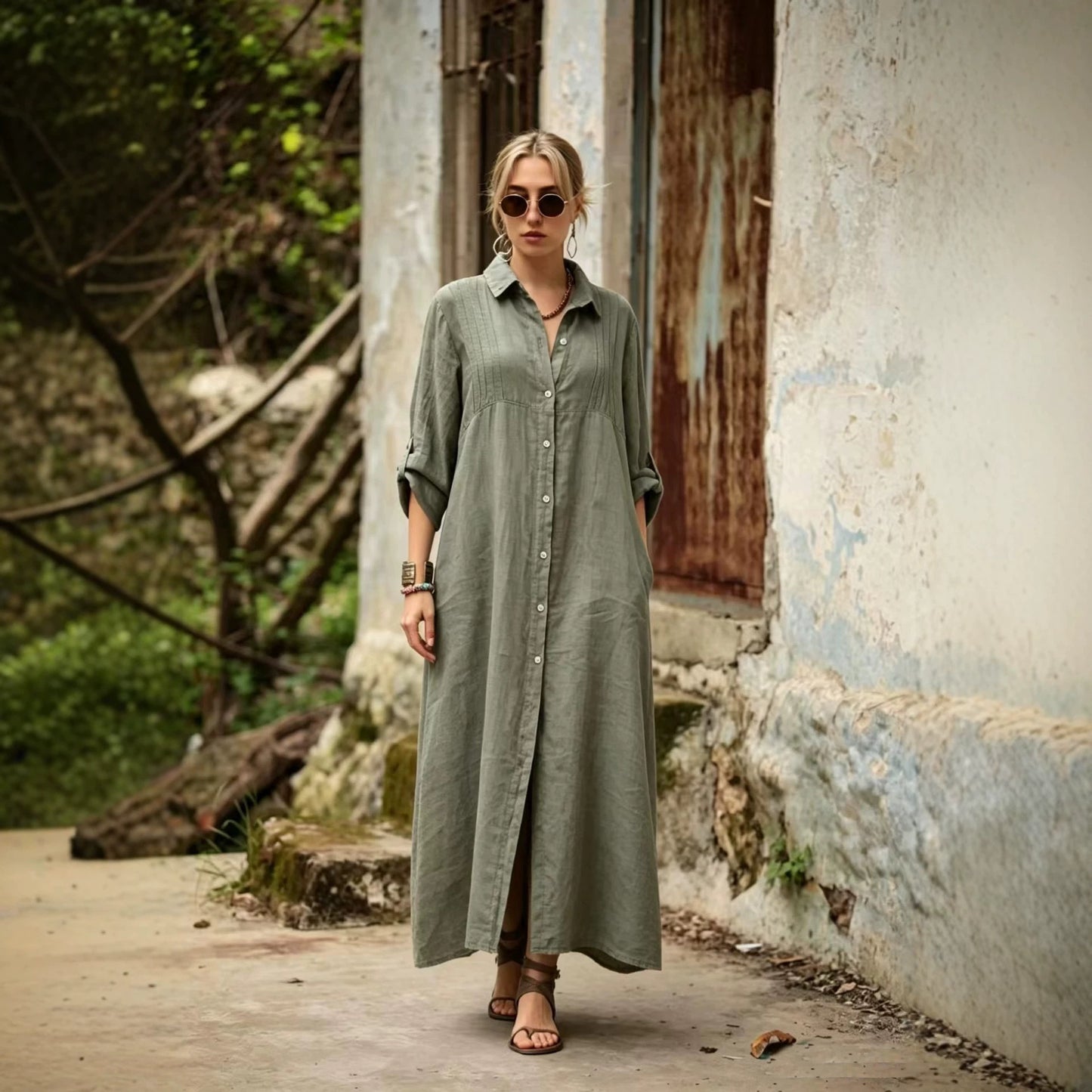 Solid Color Shirt Collar Long Sleeve Temperament Elegant Simple Loose Dress