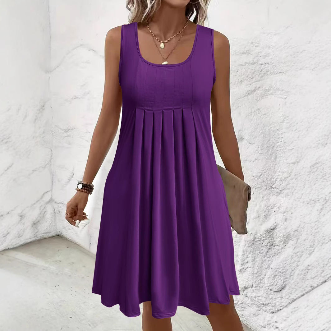Women's Large Summer Solid Color Pleated Design Casual Sleeveless Dress