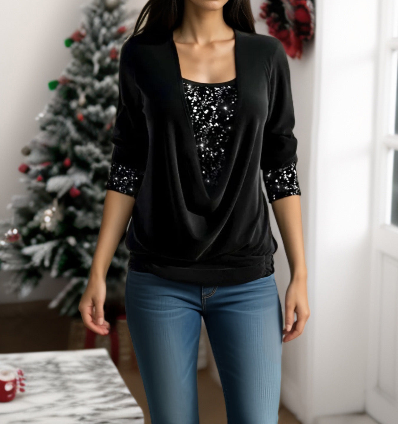Women's Sequin Long Sleeve Large Drop Collar Clothing