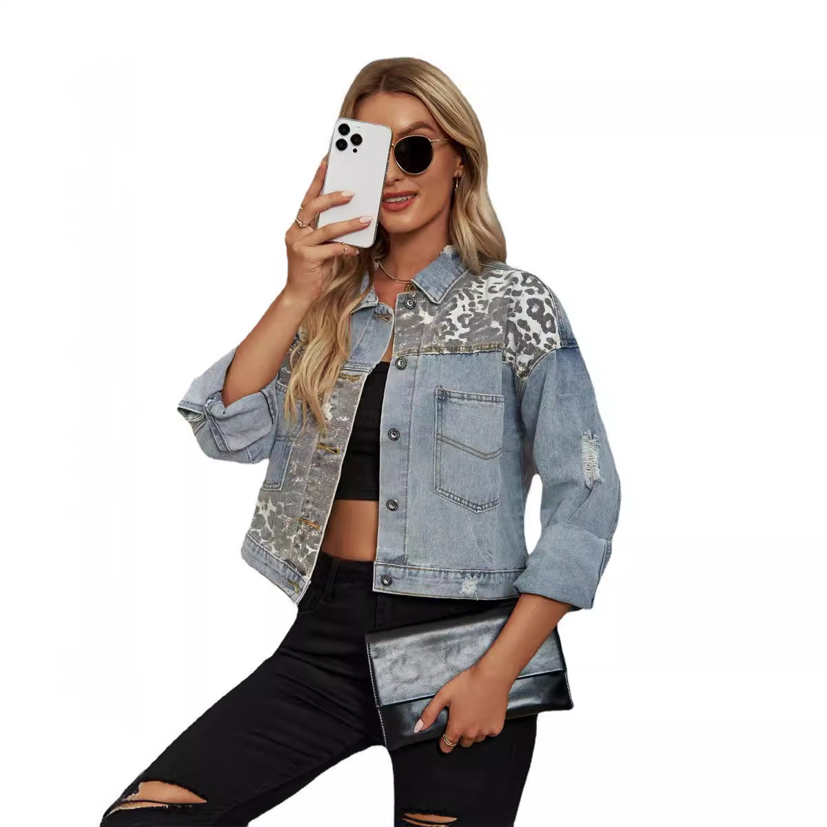 Leopard Print Fashion Stitching Ripped Denim Jackets