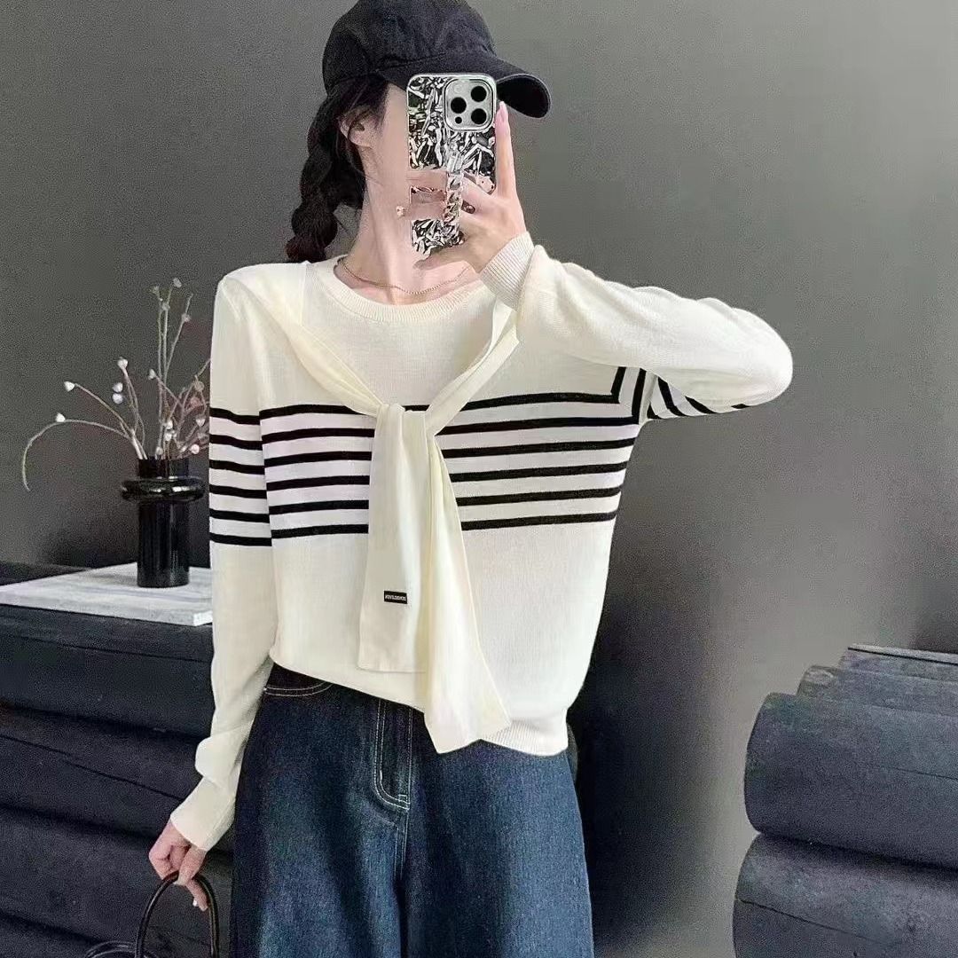 Niche Trendy Long Sleeve Striped Shawl Fake Two-piece Knitted Tops