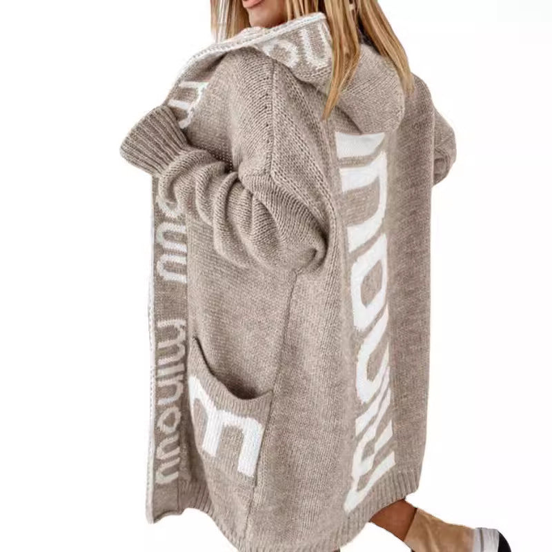 Women's Fashion Mid-length Hooded Letter Knitted Coats