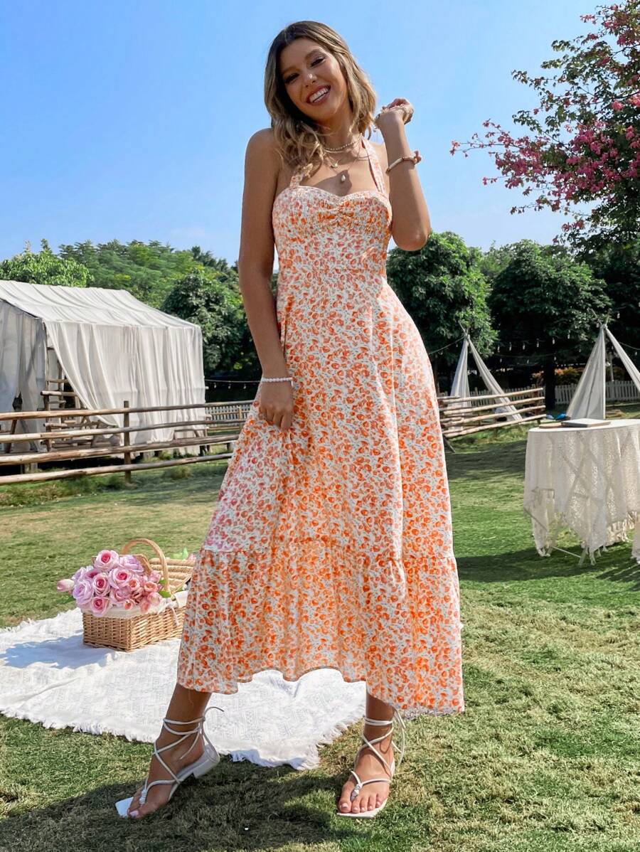 Print Sleeveless Bust Pleating Backless Waist Dresses