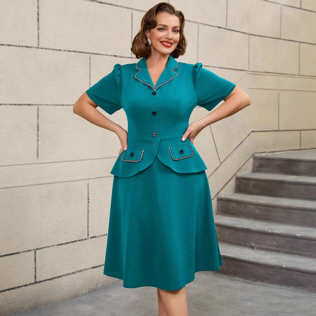 Women's Large Retro Mom Dress Lapel Ruffled Dresses