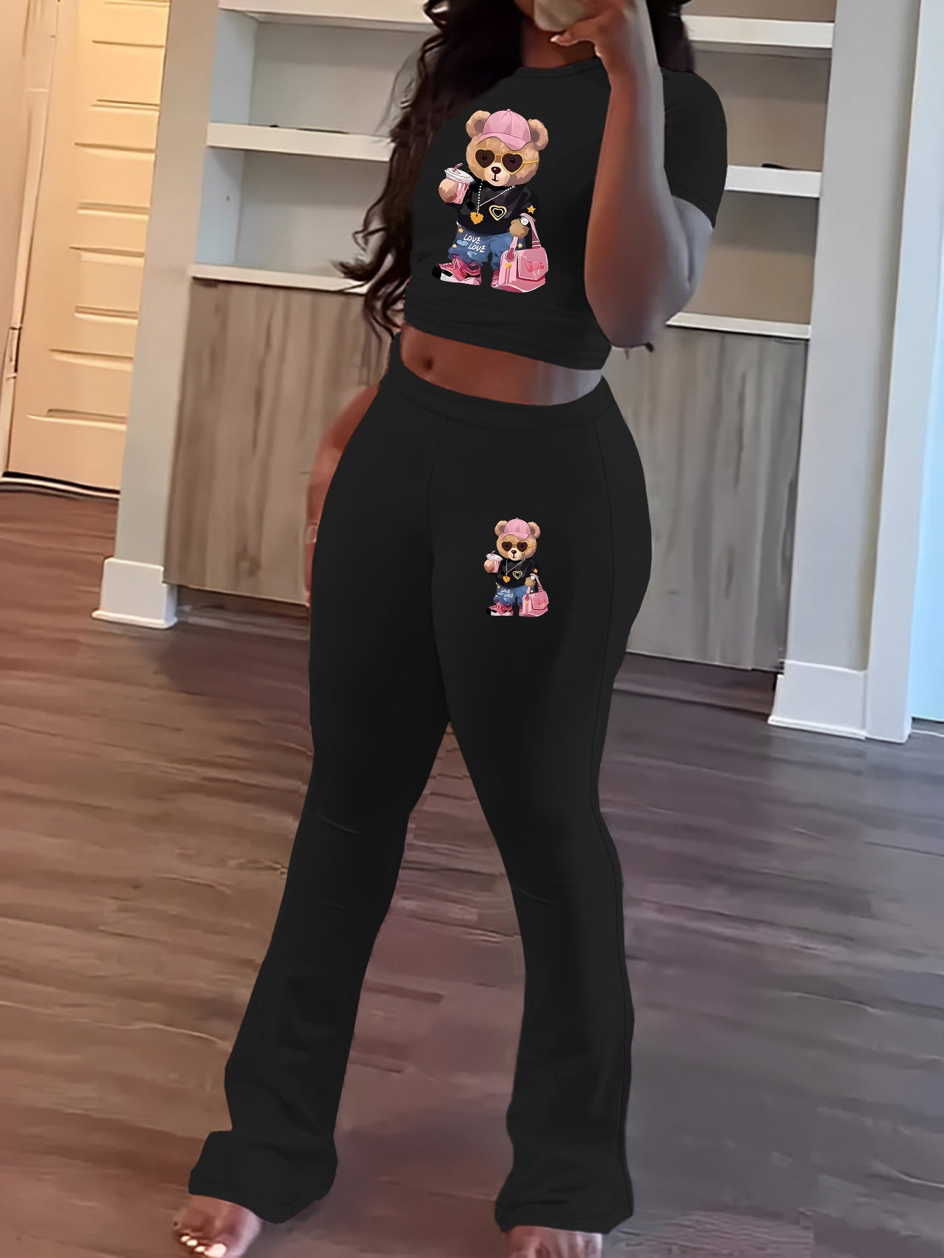 Women's Spring Printing Short-sleeved Round Neck Trousers Suits