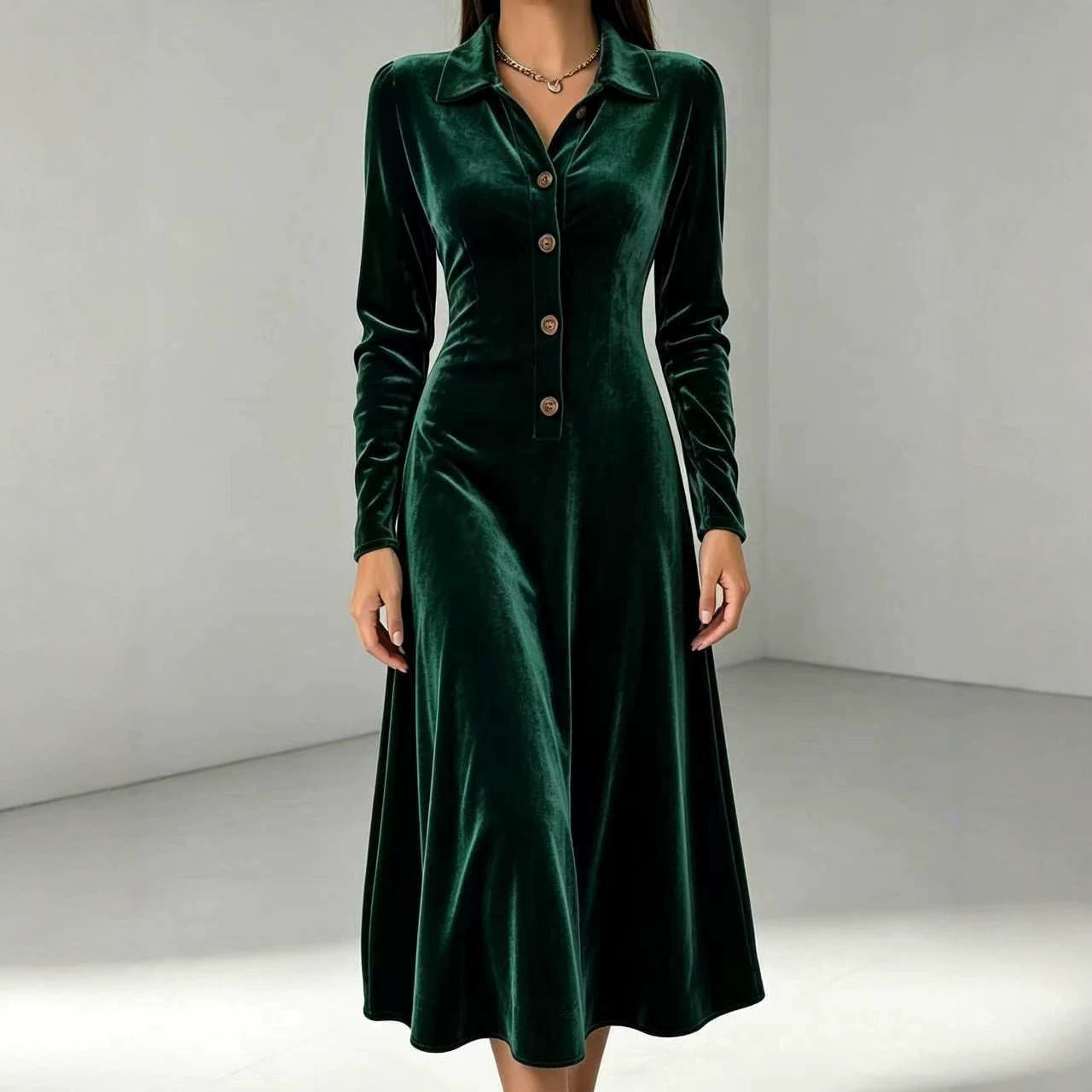 Veet Collar Solid Color Buttons Knitted Dress