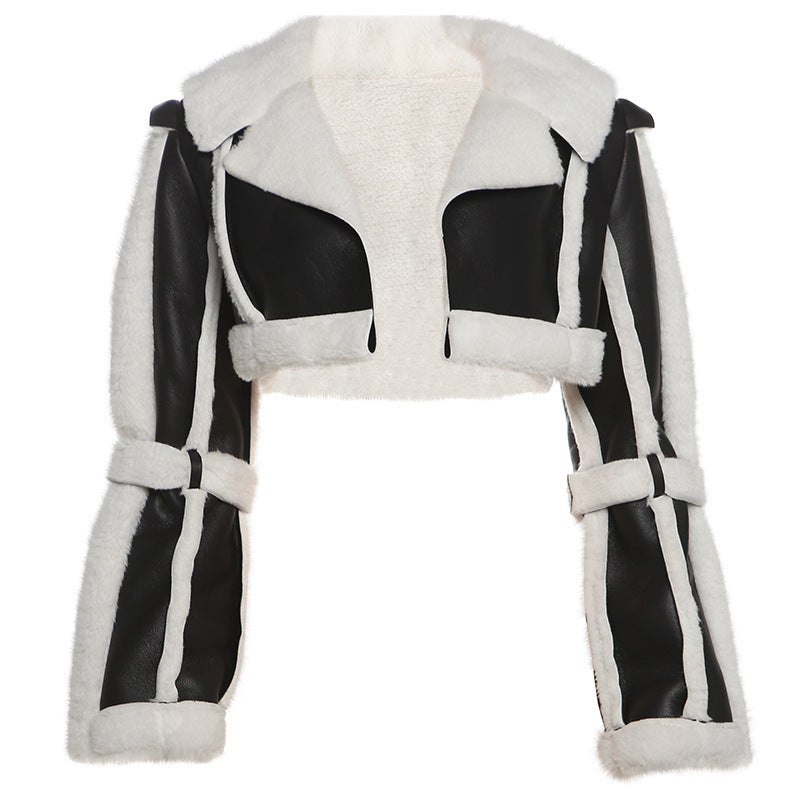 Women's Autumn Fashion Street Leather Stitching Fur Coats