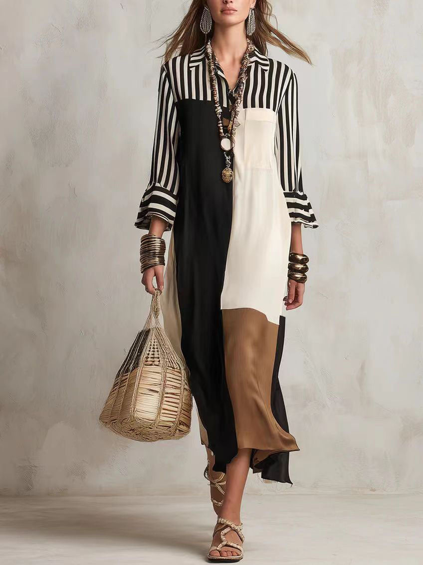 Fashion Elegant Graceful Striped Cropped Sleeve Dress