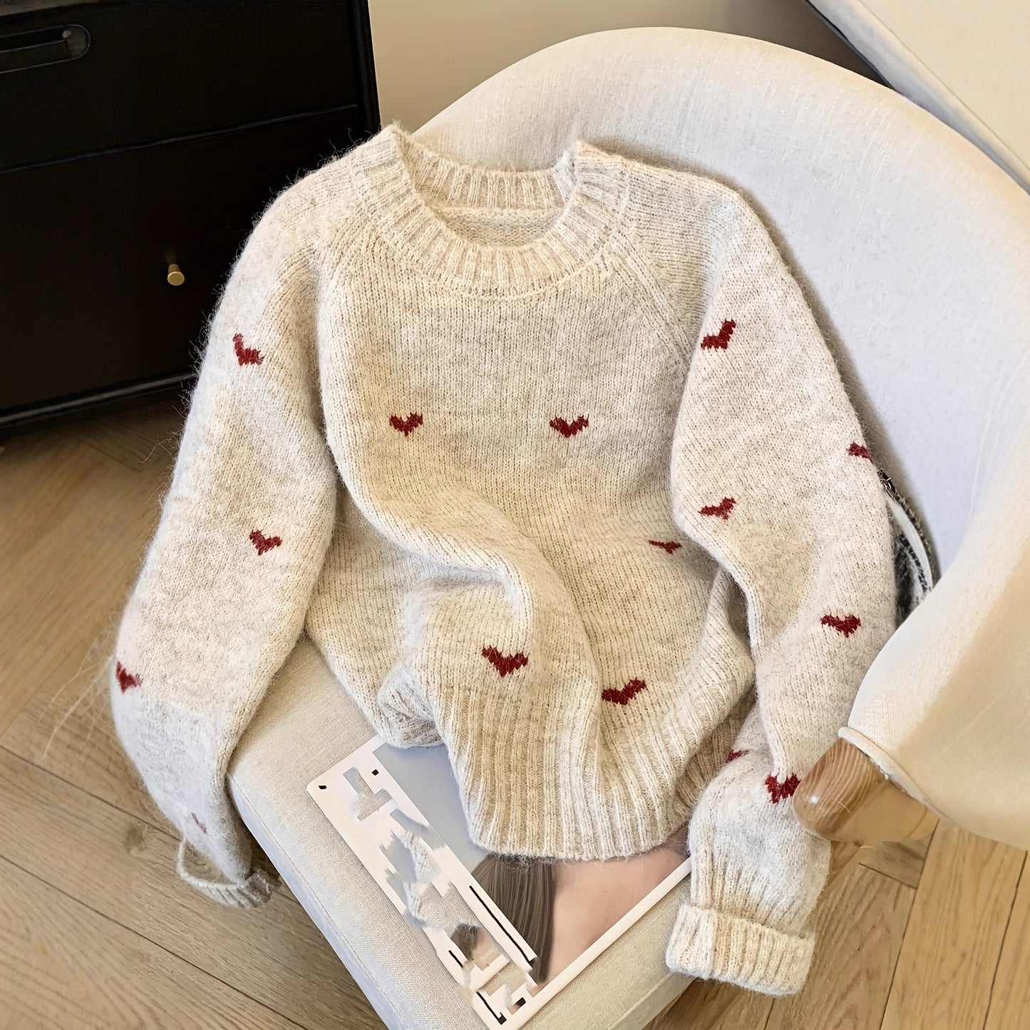 Heart Jacquard Warm Loose Round Neck Sweater
