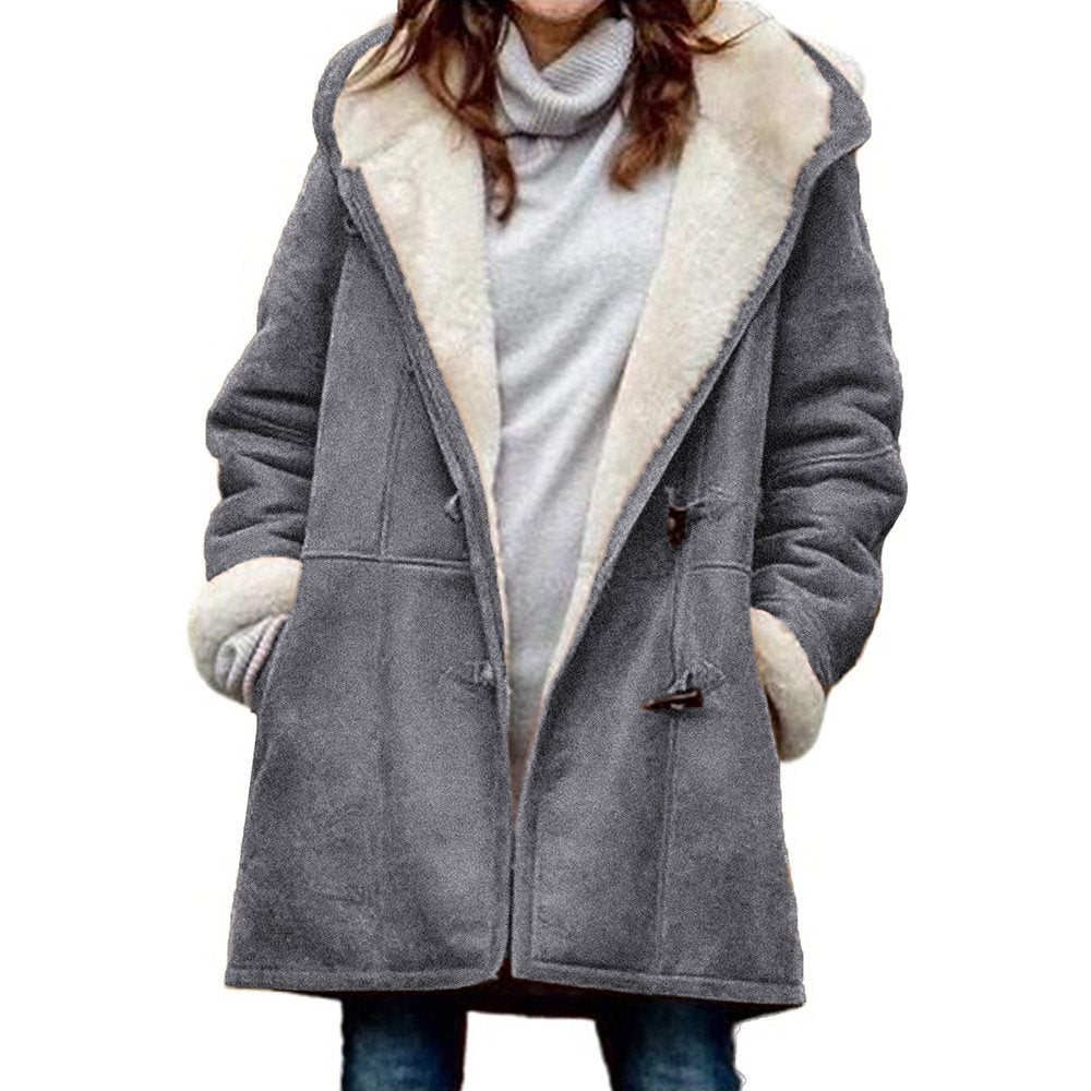Women's Long Sleeve Horn Button Fleece-lined Warm Coats