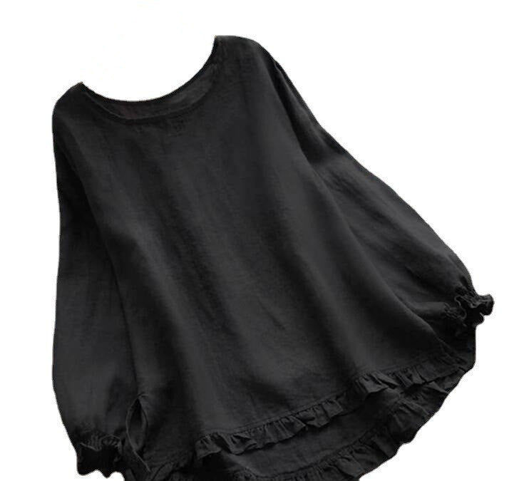 Women's Solid Color Loose Lotus Leaf Bottom Cuff Round Neck Blouses