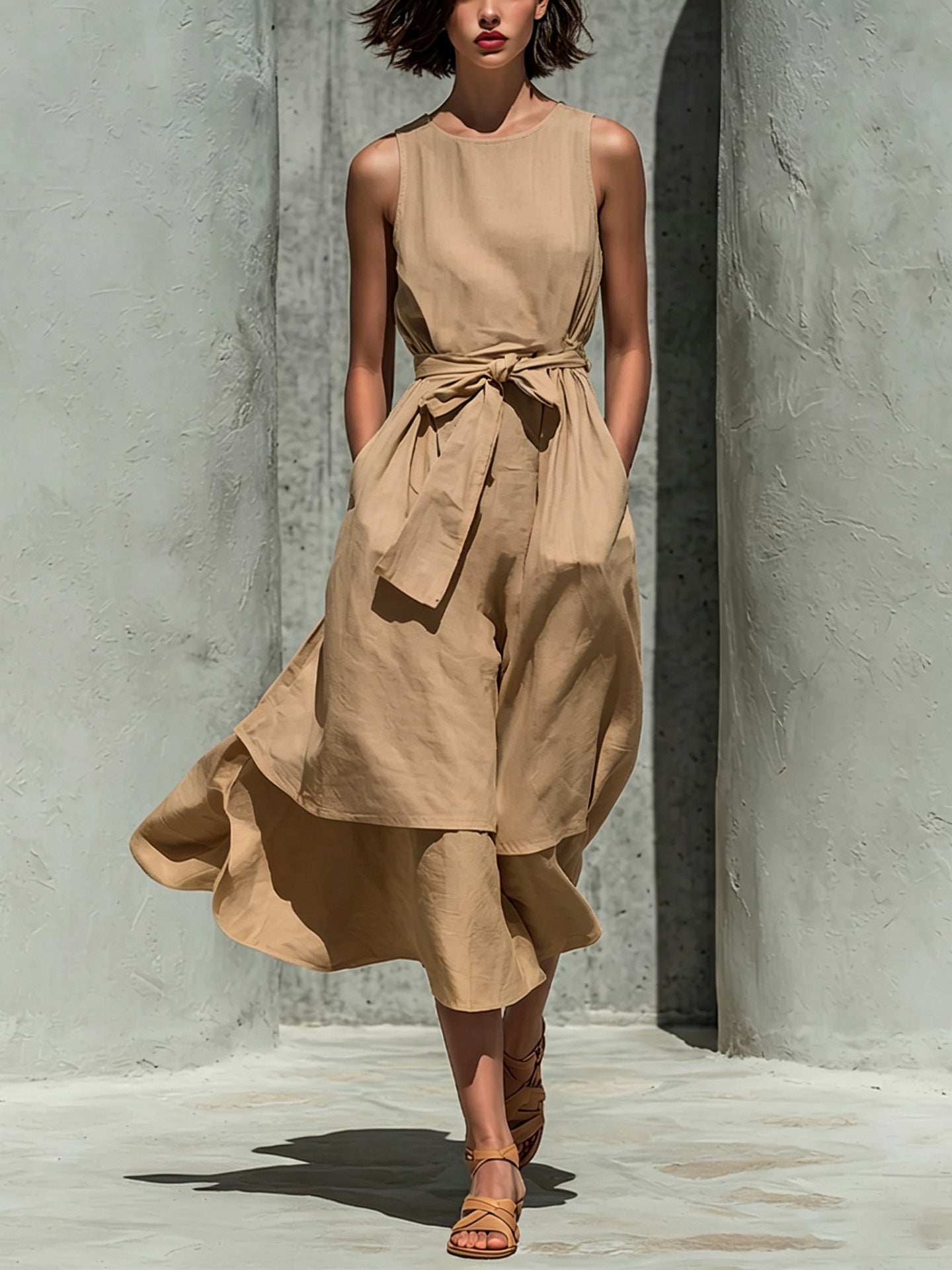 Sleeveless Round Neck Tied Waist Irregular Swing Dress
