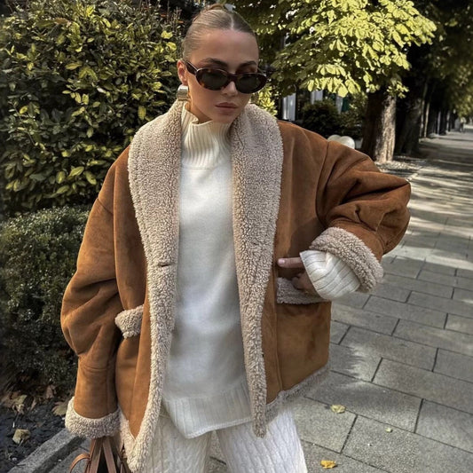 Women's Woolen Lapel Loose Fur Integrated Coats