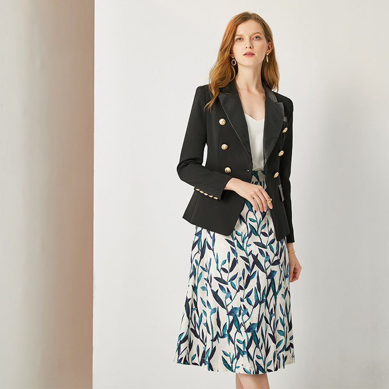 Black Leather Stitching Collar Graceful Crisp Blazers