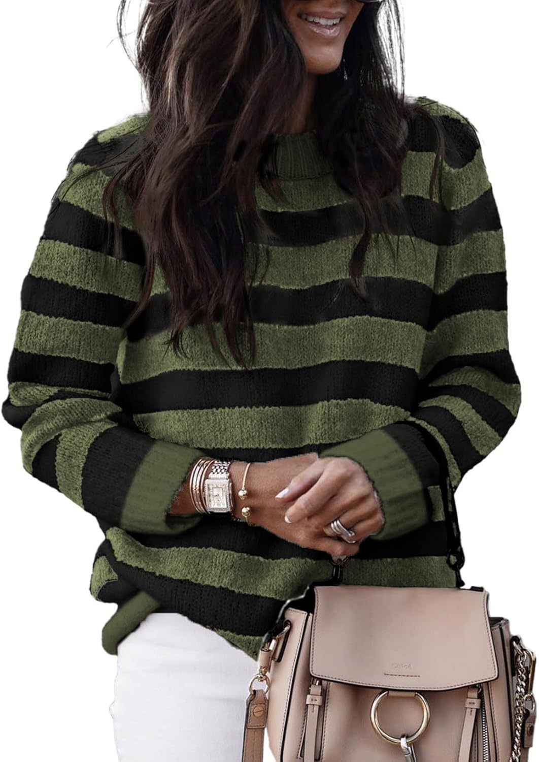 Women's Neck Striped Cute Color Matching Pullover Sweater