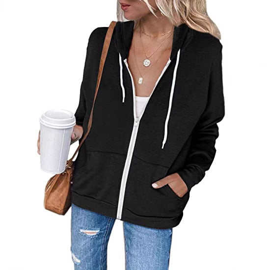 Women's Long-sleeved Hooded Drawstring Pocket Zipper Outerwear Sweaters