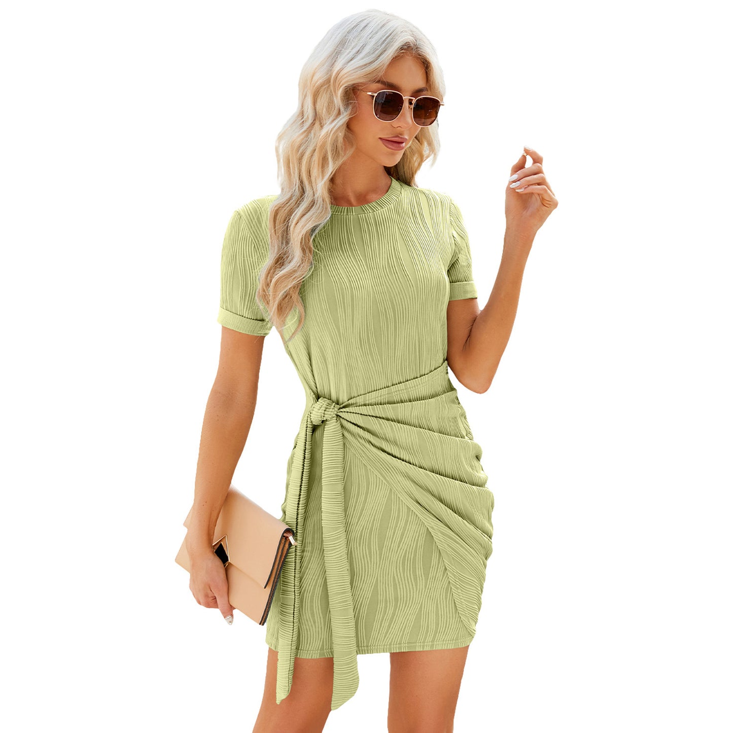 Color Round Neck Pleated Sleeve Knitted Dresses