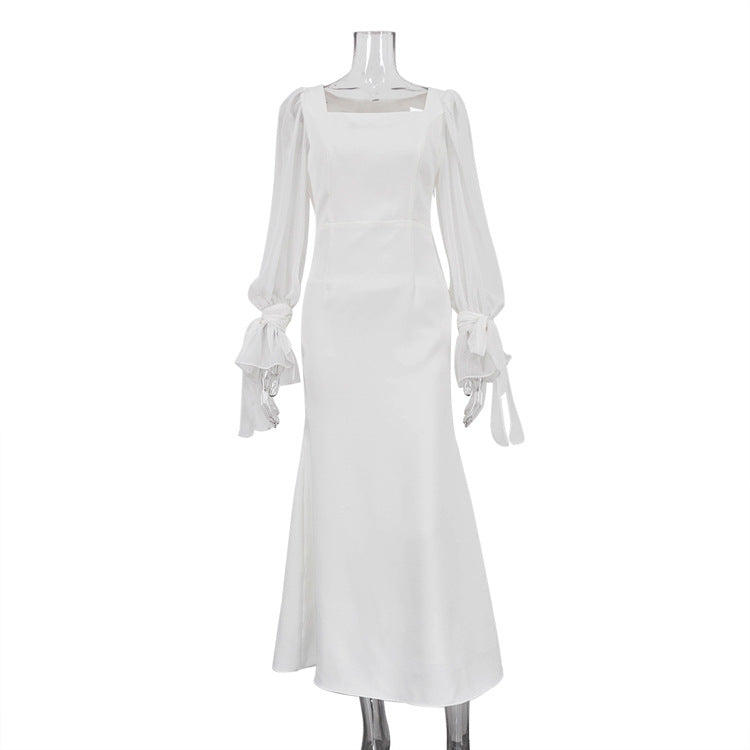Square Collar Stitching Mesh Micro Transparent Dresses