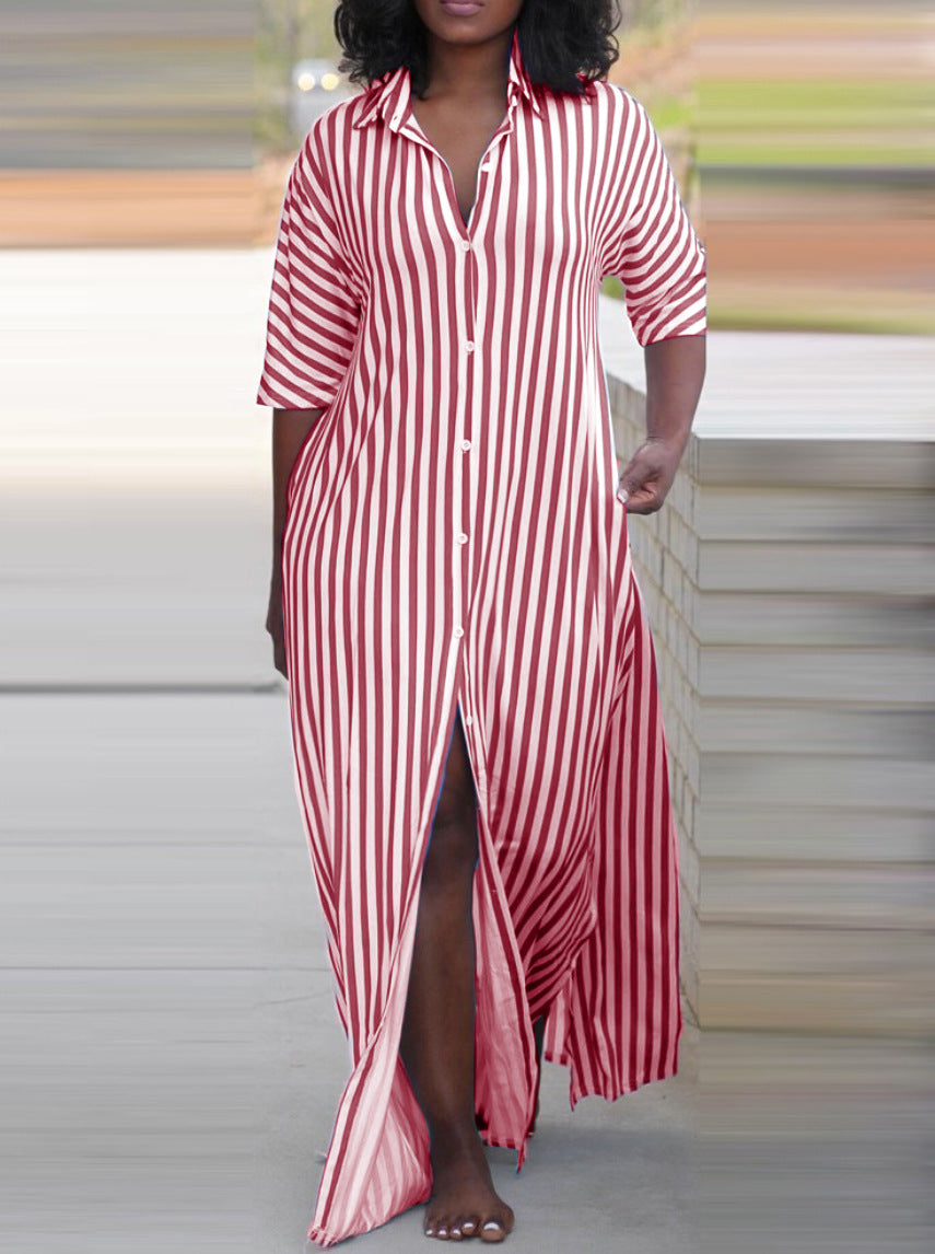 Women's Summer Fashion Loose Long Striped Shirt Dresses