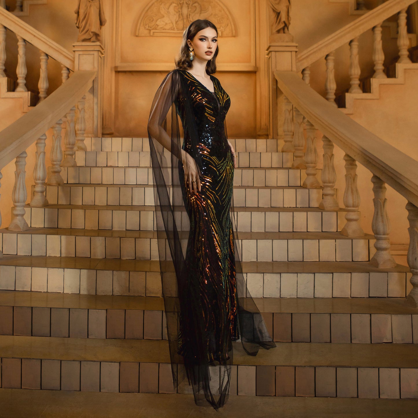 Women's High-grade Long-sleeved Waist Sequin Gauze Banquet Dresses