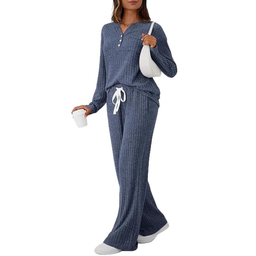 Women's Sunken Stripe Brushed Outerwear Home Pajamas Fashion Casual Suit