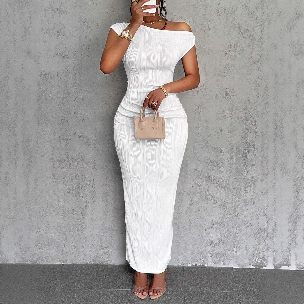 Women's Summer Oblique Shoulder Water Ripple Cute Fashion Slim Fit Date Dress