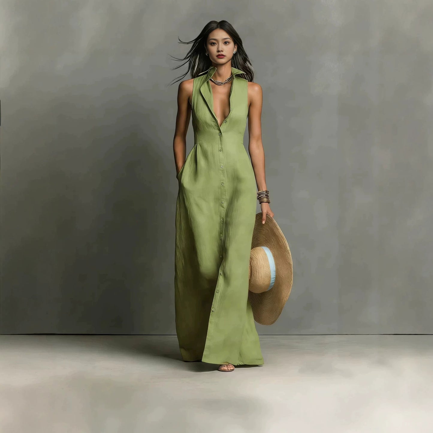 Classic Casual Summer Breasted Sleeveless Collar Dress