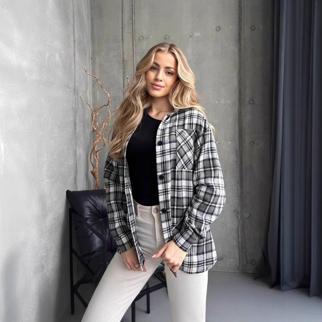 Women's Shirt Fashionable Plaid Mid-length Casual Temperament Coats