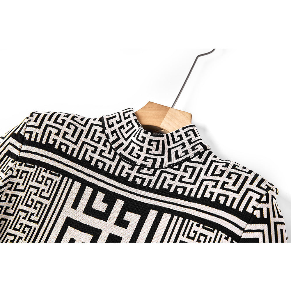 Pattern Geometric Stand-up Collar Long-sleeved Qu Knitted Dress Dresses
