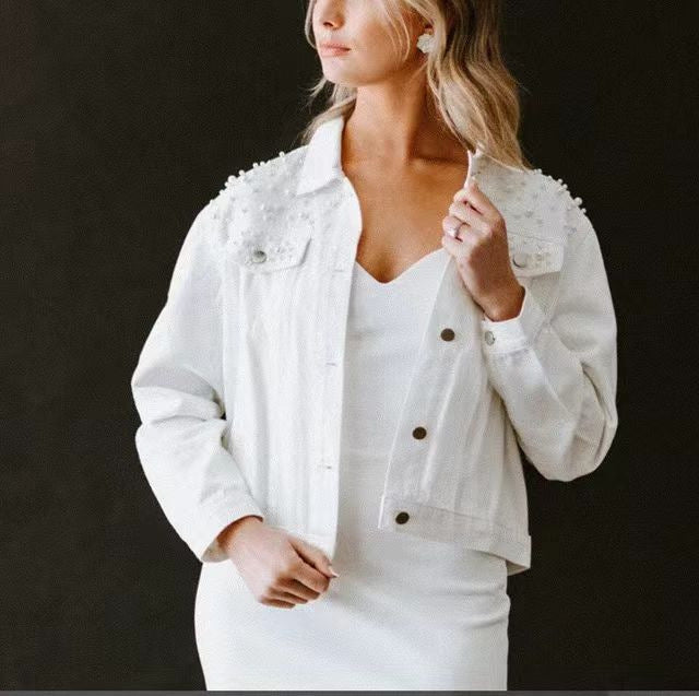 Women's Beaded Denim Pearl Baggy Casual Coats