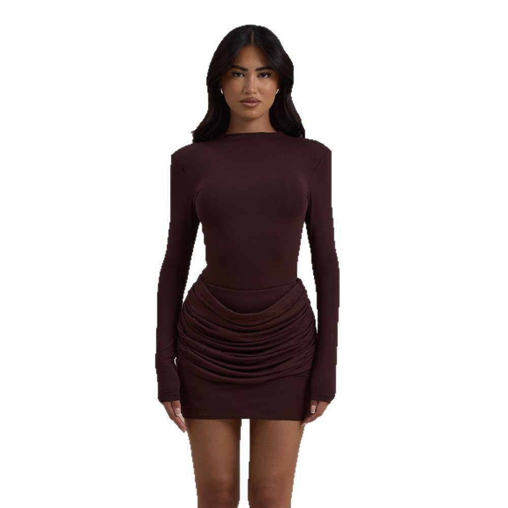 Women's Solid Color Round Neck Pleated Hot Sexy Dress