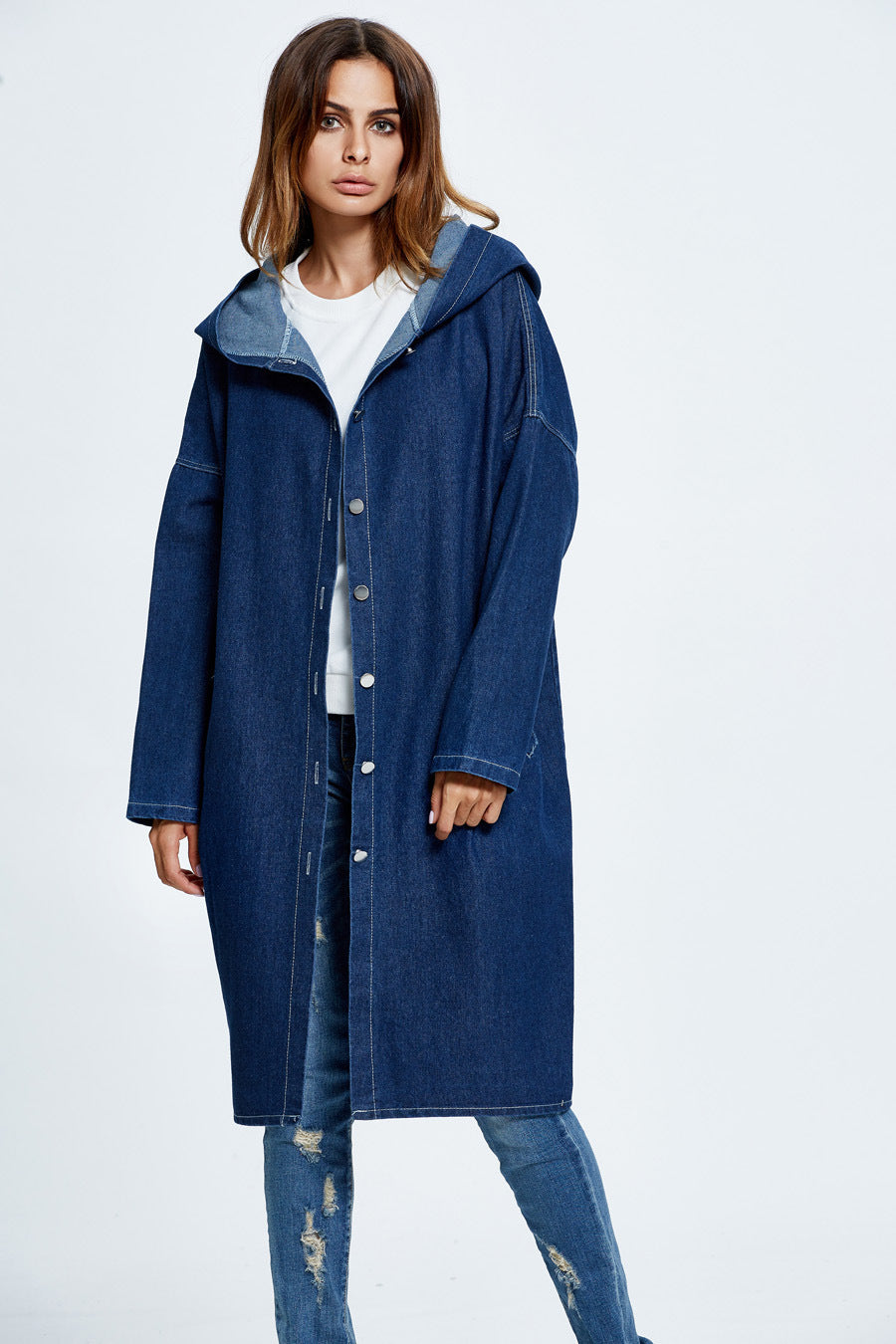 Trendy Comfortable Denim Overcoat Hooded Trench Coats