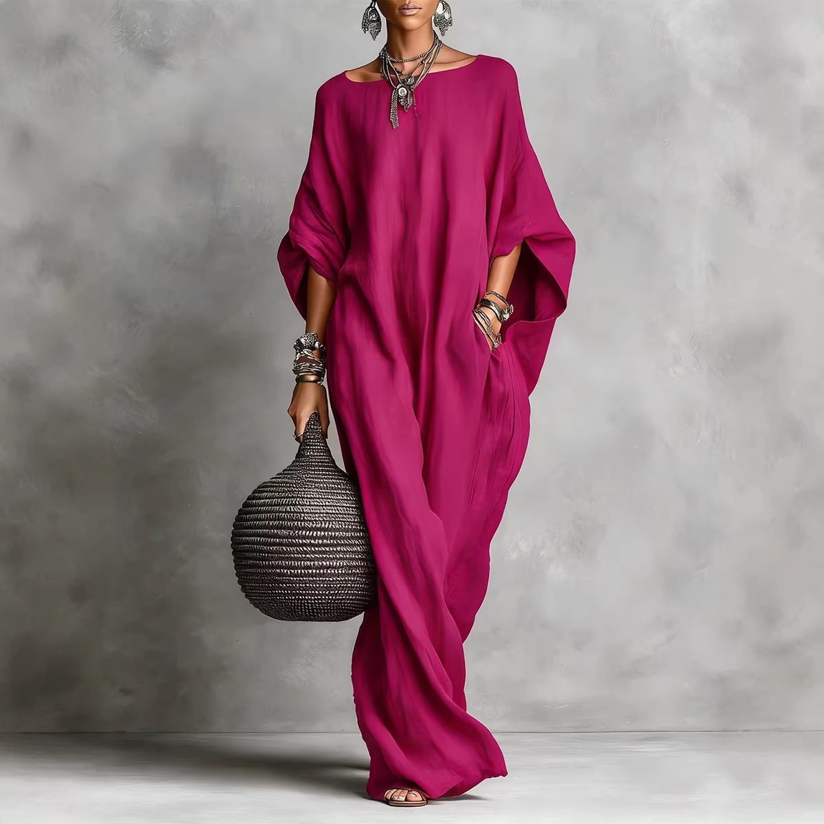 Women's Retro Solid Color Temperament Long Sleeve Dress